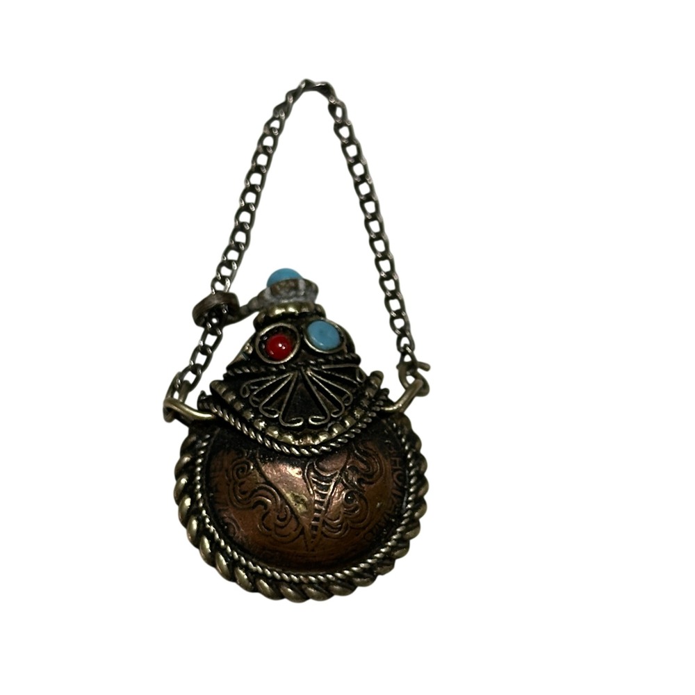 Vintage Ornate Brass Snuff Bottle Stick Pin Turquoise Red Stones Ethnic Boho